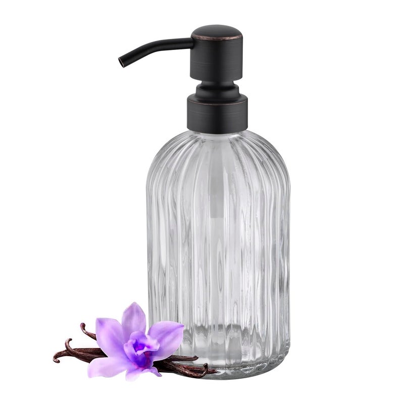 Leetcp 16Oz Clear Glass Soap Dispenser with Rust Proof Bronze Stainless Steel Pump, Refillable Bathroom Soap Dispenser with Vertical Stripe, Oil Rubbed Bronze Pump Kitchen Dispensers - Image 1